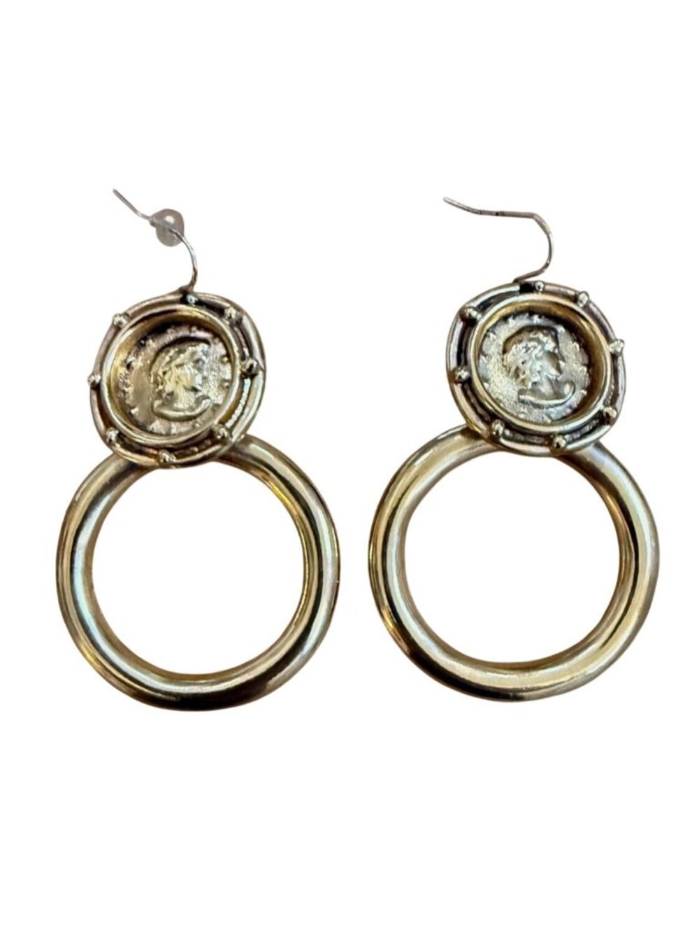 Vanessa Mooney Gianni Coin Dangle Hoop Statement Earrings 2.25"